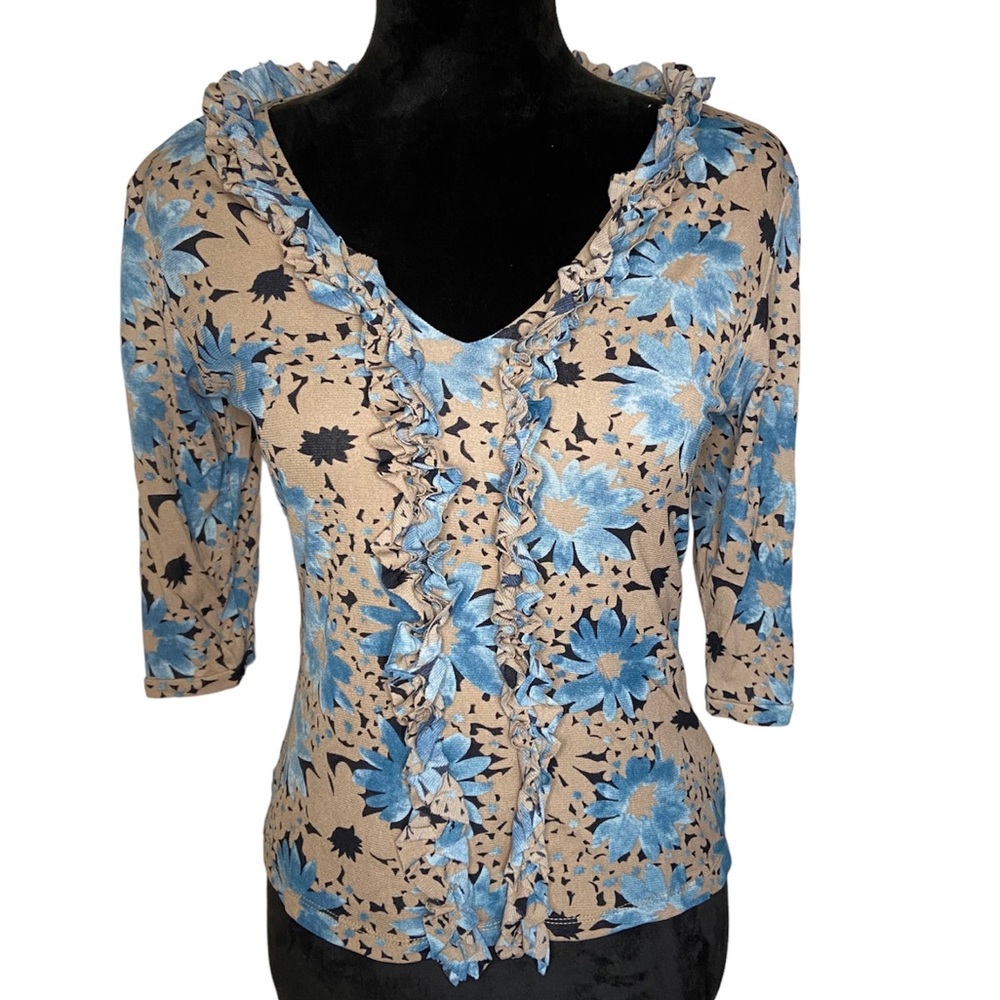 I.N.C. Women’s 3/4 Sleeve Vneck Floral Ruffle Blouse Size Medium